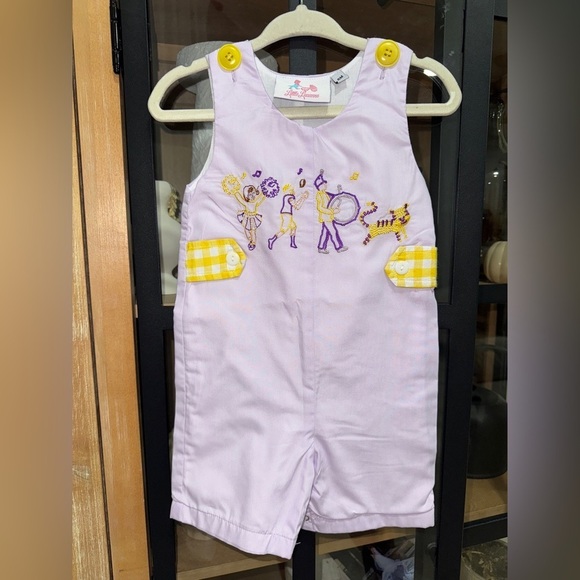 The Proper Peony Other - LSU embroidered jon jon band geaux tigers baby boy Louisiana shortall romper